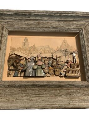 Vintage Art 1968 Anton Pieck 3D Shadow Box Art Fruit Market Store Front 10”x 8”